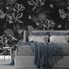 3086-F / Plant Wallpaper: Self-Adhesive, Blue Hibiscus and Cypress Pattern, Floral Wall Mural for Modern Room Decor - Artevella