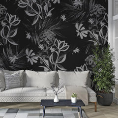 3086-F / Plant Wallpaper: Self-Adhesive, Blue Hibiscus and Cypress Pattern, Floral Wall Mural for Modern Room Decor - Artevella