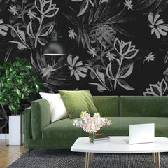 3086-F / Plant Wallpaper: Self-Adhesive, Blue Hibiscus and Cypress Pattern, Floral Wall Mural for Modern Room Decor - Artevella