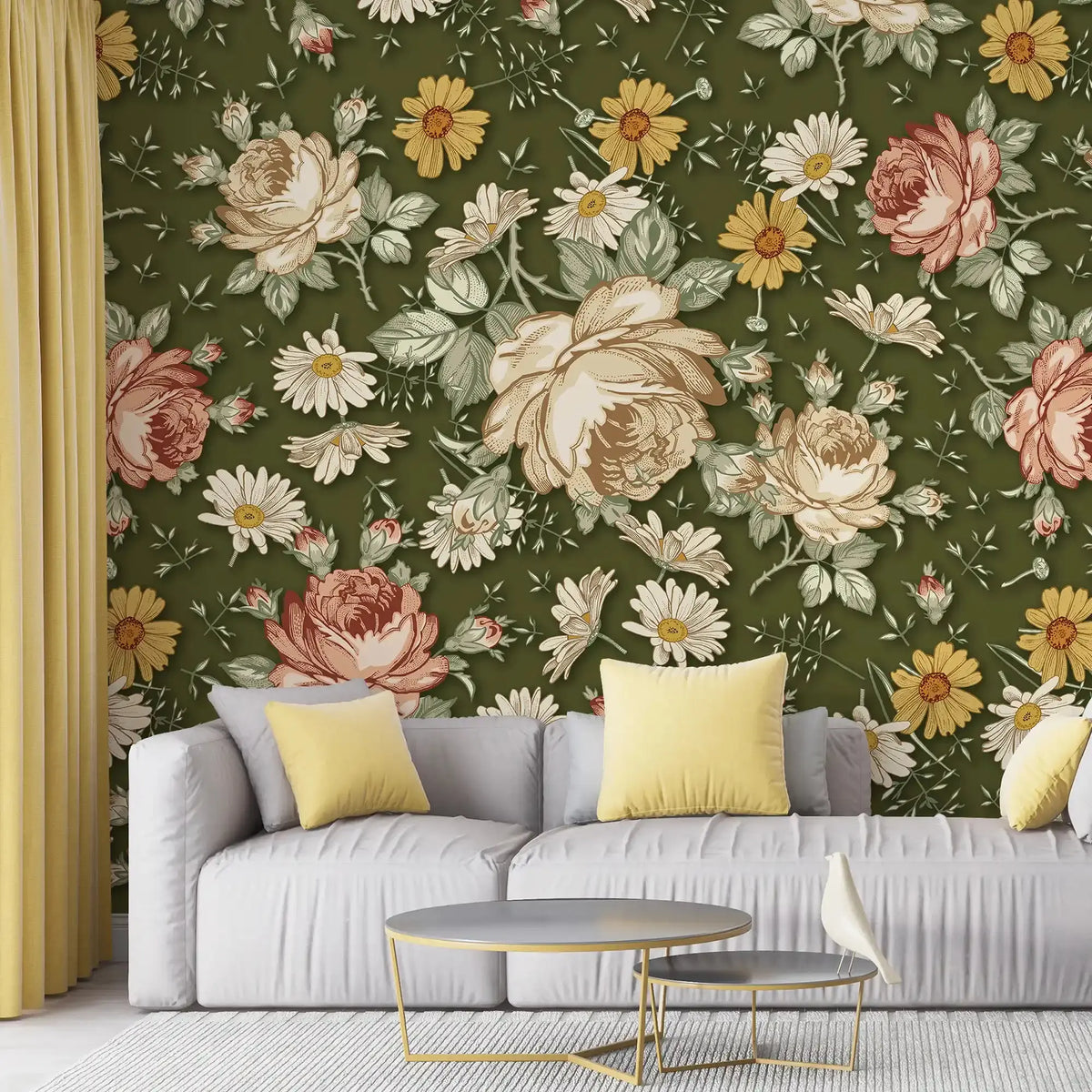 3097-C / Removable Wallpaper Peel and Stick, Floral & Geometric Pattern Wallpaper with Daisies for Room Decor - Artevella