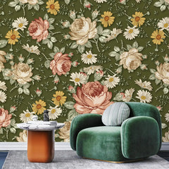 3097-C / Removable Wallpaper Peel and Stick, Floral & Geometric Pattern Wallpaper with Daisies for Room Decor - Artevella