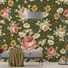 3097-C / Removable Wallpaper Peel and Stick, Floral & Geometric Pattern Wallpaper with Daisies for Room Decor - Artevella