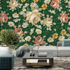 3097-D / Removable Wallpaper Peel and Stick, Floral & Geometric Pattern Wallpaper with Daisies for Room Decor - Artevella