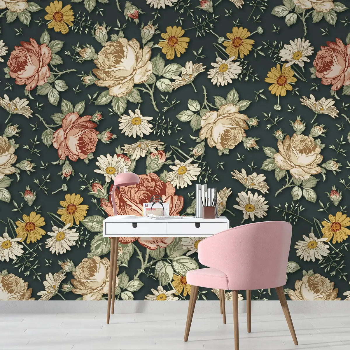 3097-E / Removable Wallpaper Peel and Stick, Floral & Geometric Pattern Wallpaper with Daisies for Room Decor - Artevella