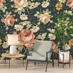 3097-E / Removable Wallpaper Peel and Stick, Floral & Geometric Pattern Wallpaper with Daisies for Room Decor - Artevella