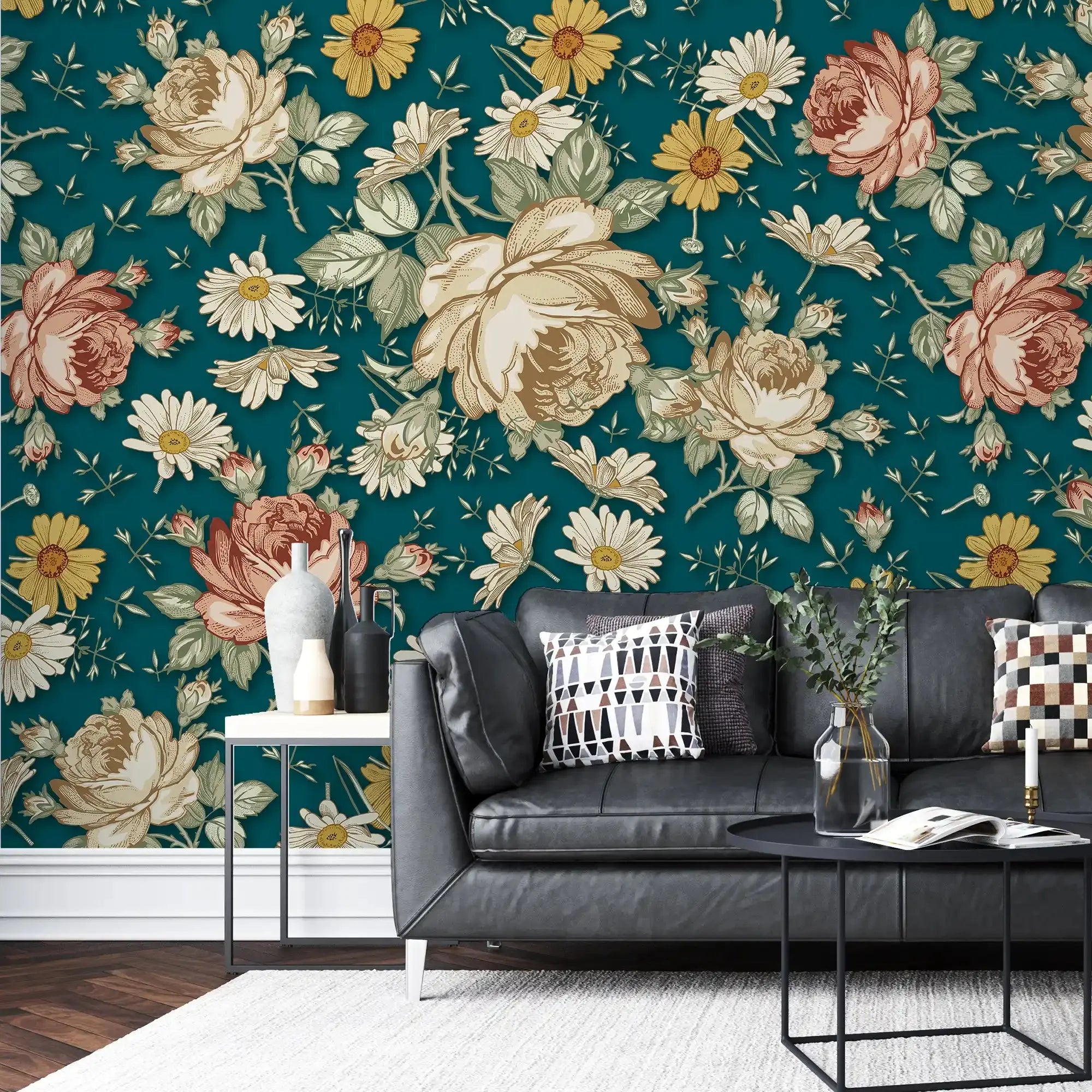 3097-F / Removable Wallpaper Peel and Stick, Floral & Geometric Pattern Wallpaper with Daisies for Room Decor - Artevella