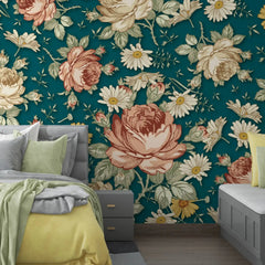 3097-F / Removable Wallpaper Peel and Stick, Floral & Geometric Pattern Wallpaper with Daisies for Room Decor - Artevella