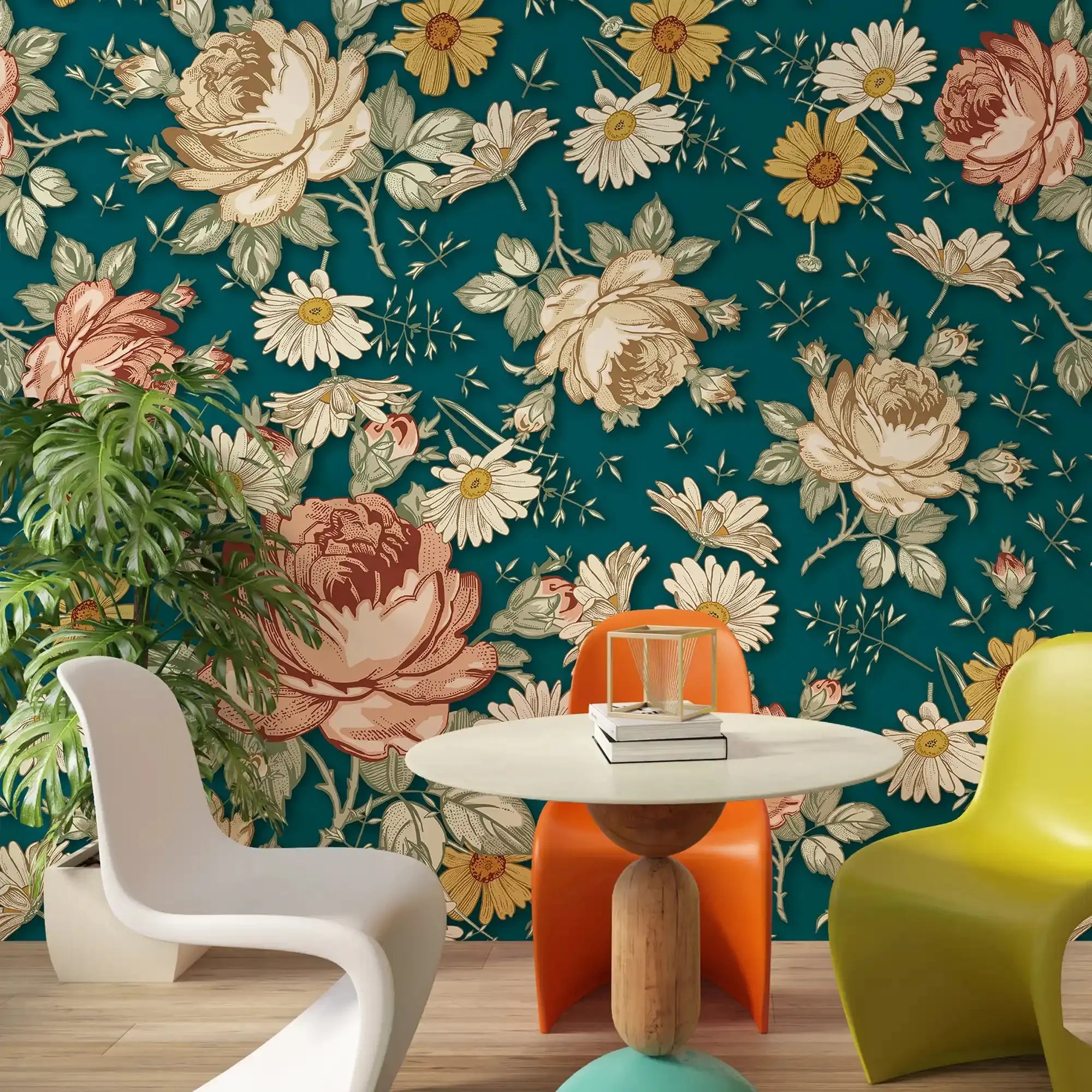 3097-F / Removable Wallpaper Peel and Stick, Floral & Geometric Pattern Wallpaper with Daisies for Room Decor - Artevella