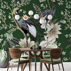 3101-A / Tropical Baroque Wallpaper Peel and Stick Crane and Flower Design Adhesive Wall  Mural - Artevella