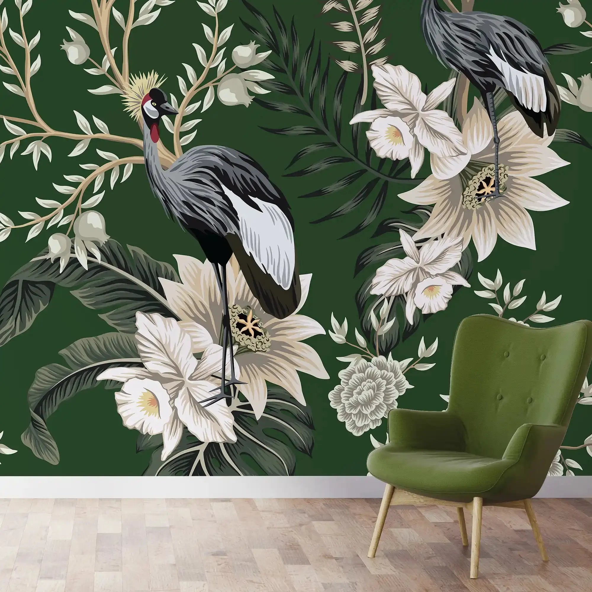 3101-A / Tropical Baroque Wallpaper Peel and Stick Crane and Flower Design Adhesive Wall  Mural - Artevella