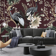 3101-B / Tropical Baroque Wallpaper Peel and Stick Crane and Flower Design Adhesive Wall  Mural - Artevella
