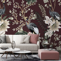 3101-B / Tropical Baroque Wallpaper Peel and Stick Crane and Flower Design Adhesive Wall  Mural - Artevella