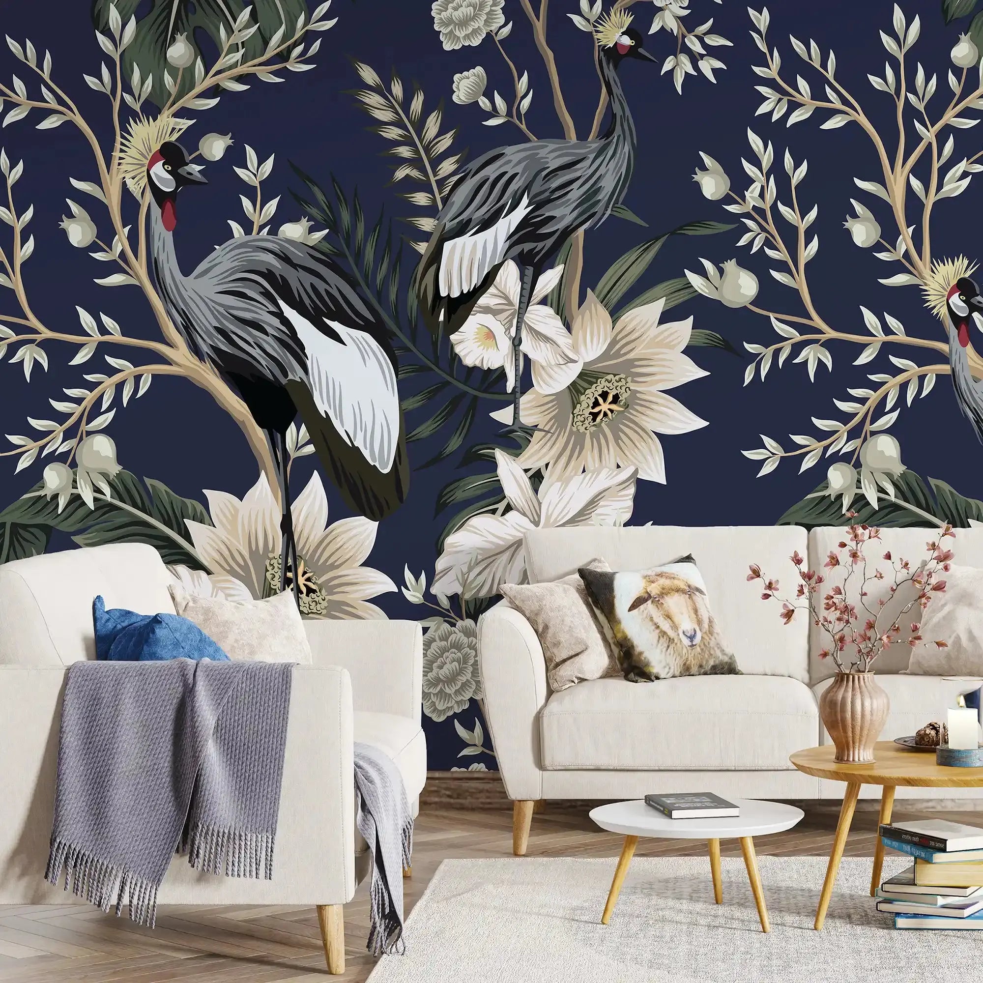 3101-C / Tropical Baroque Wallpaper Peel and Stick Crane and Flower Design Adhesive Wall  Mural - Artevella