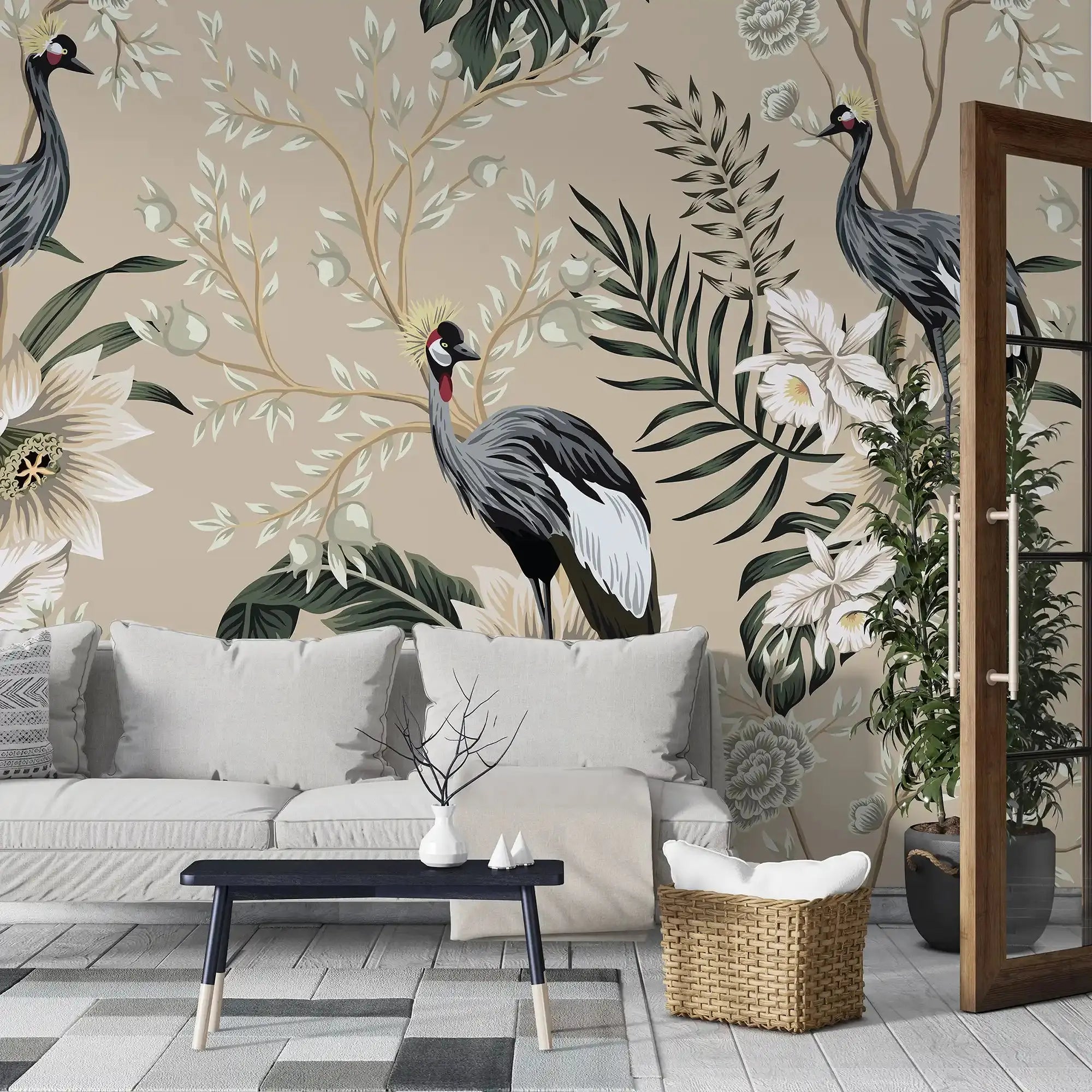 3101-D / Tropical Baroque Wallpaper Peel and Stick Crane and Flower Design Adhesive Wall  Mural - Artevella