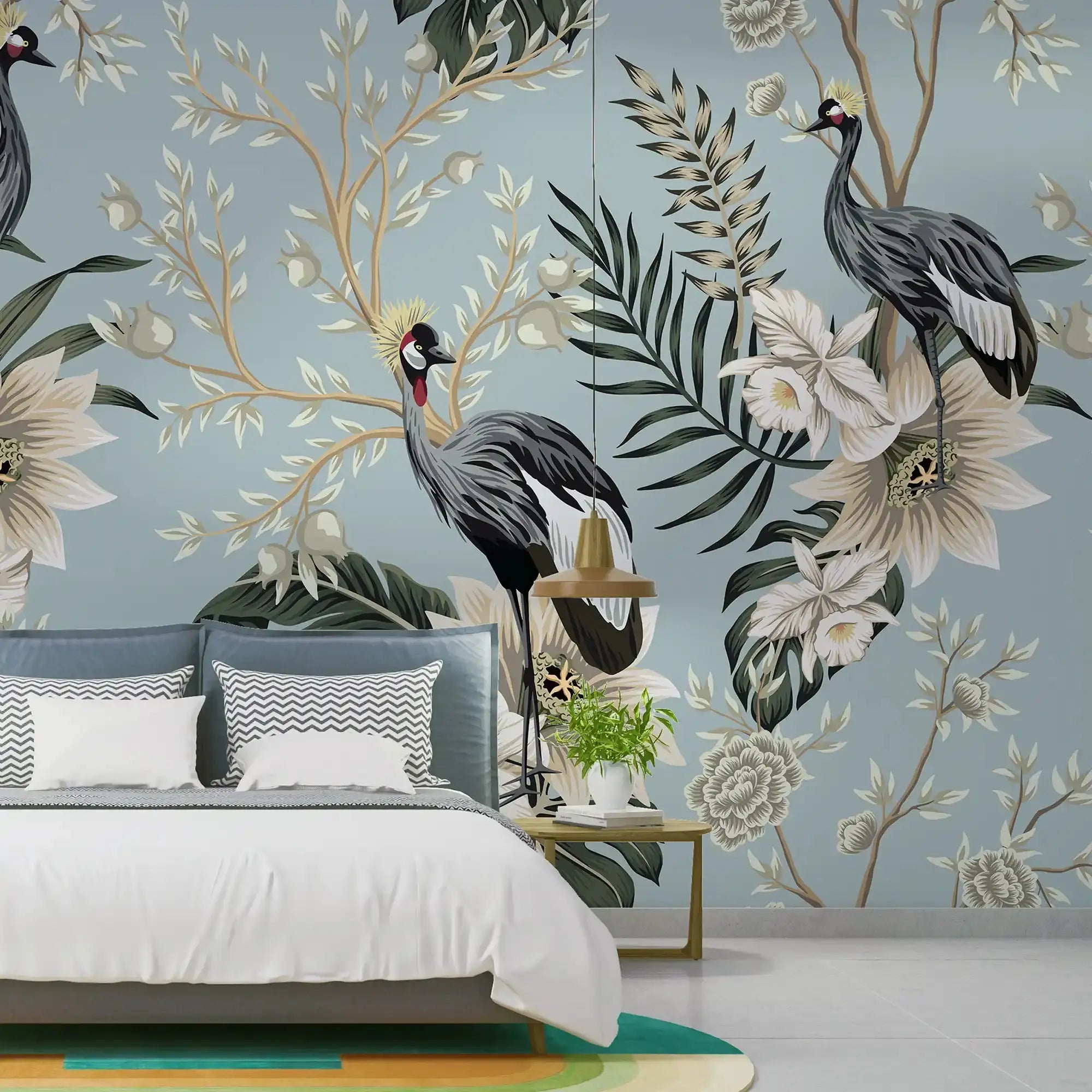 3101-E / Tropical Baroque Wallpaper Peel and Stick Crane and Flower Design Adhesive Wall  Mural - Artevella