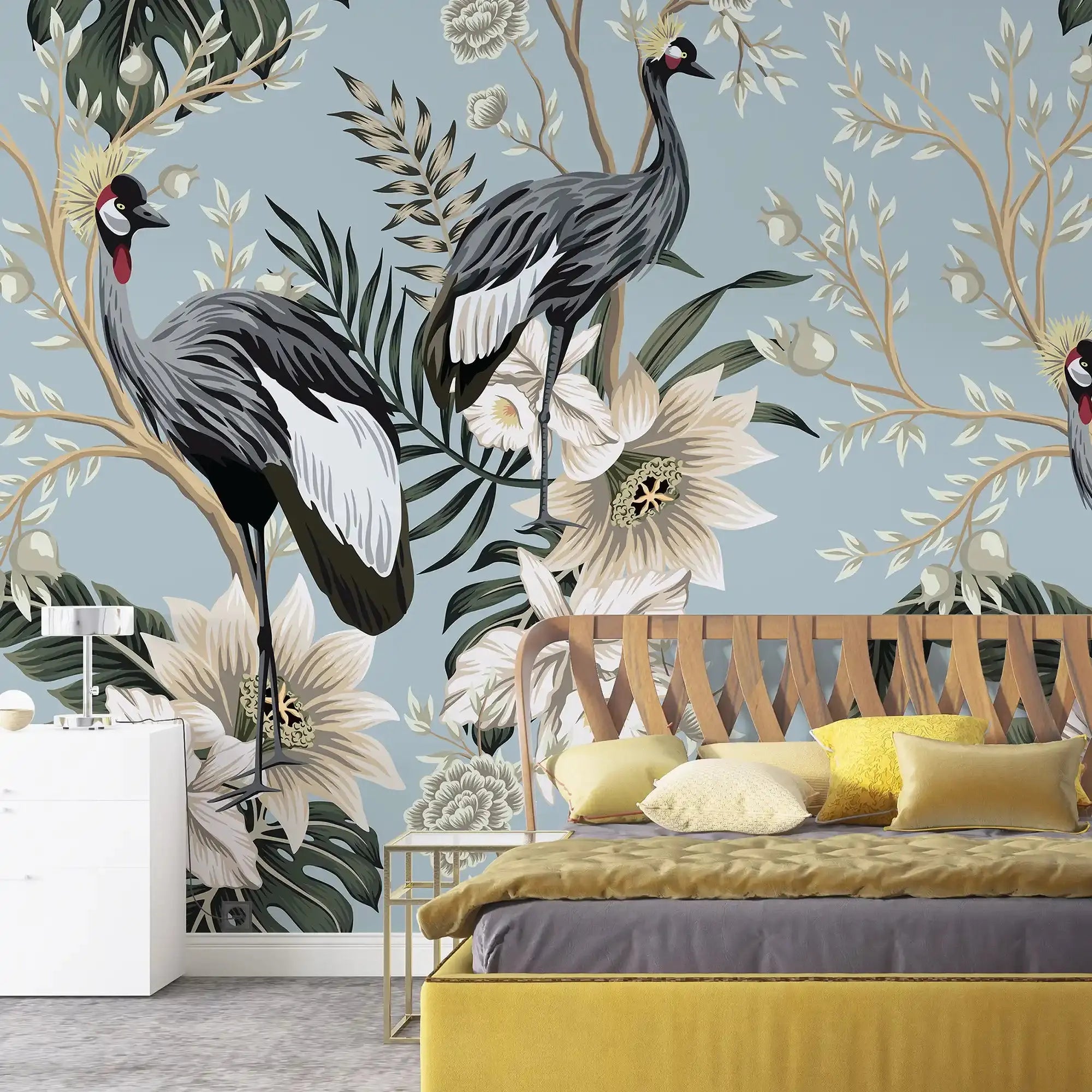 3101-E / Tropical Baroque Wallpaper Peel and Stick Crane and Flower Design Adhesive Wall  Mural - Artevella