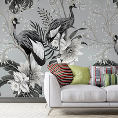3101-F / Tropical Baroque Wallpaper Peel and Stick Crane and Flower Design Adhesive Wall  Mural - Artevella