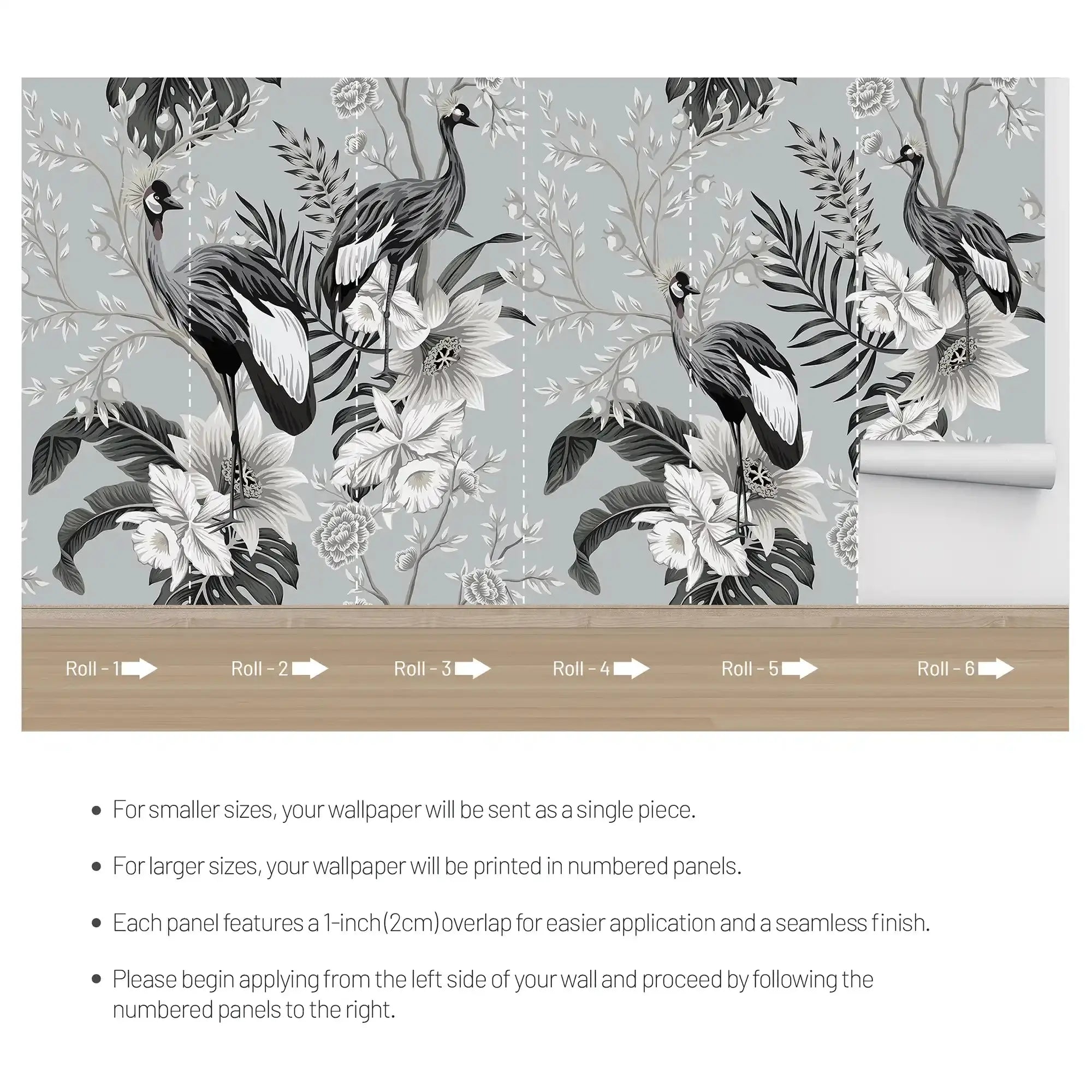 3101-F / Tropical Baroque Wallpaper Peel and Stick Crane and Flower Design Adhesive Wall  Mural - Artevella