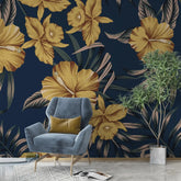 3102-A / Botanical Hibiscus Peel and Stick Wallpaper - Vibrant Yellow on Ocean Blue - DIY Wall Decor - Artevella