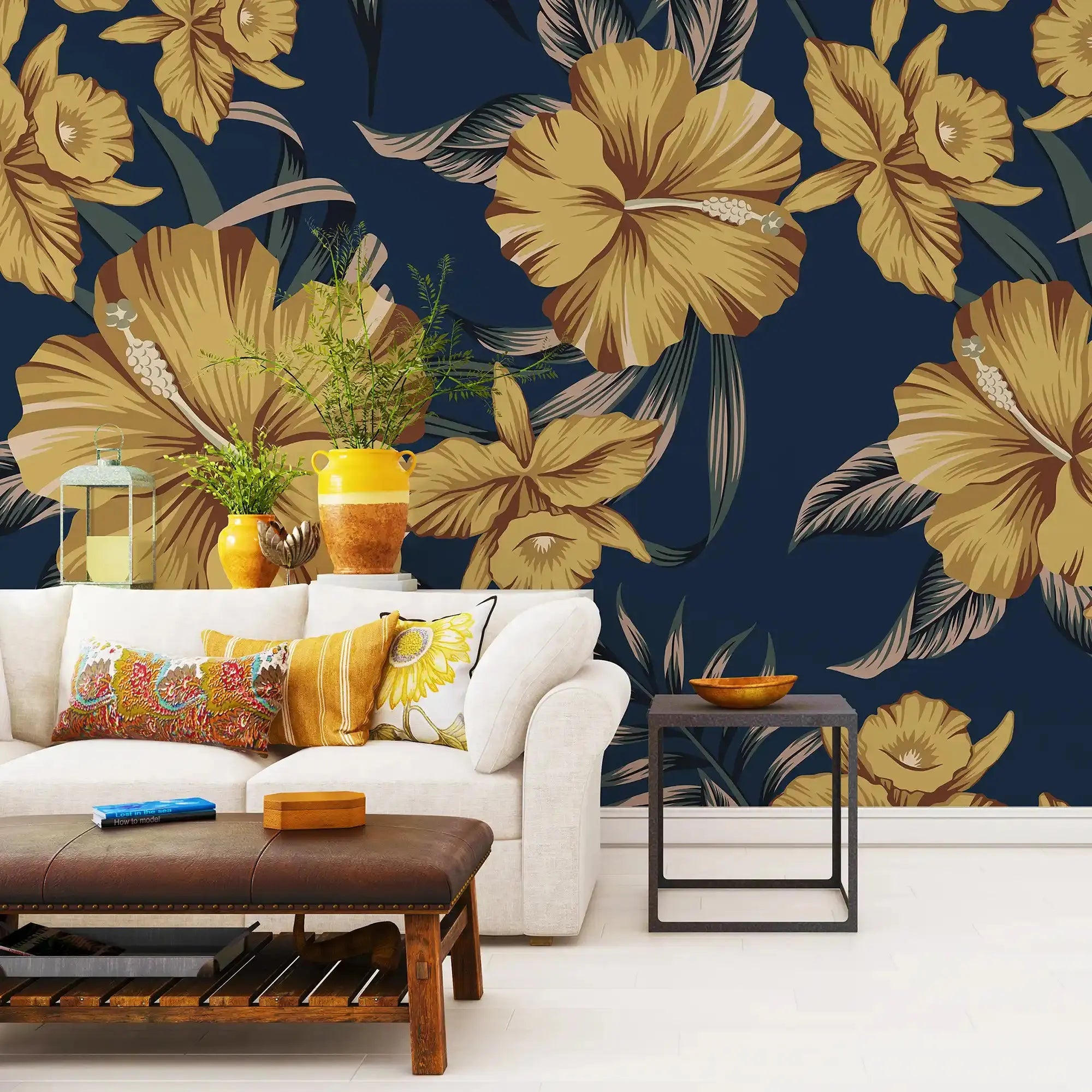 3102-A / Botanical Hibiscus Peel and Stick Wallpaper - Vibrant Yellow on Ocean Blue - DIY Wall Decor - Artevella
