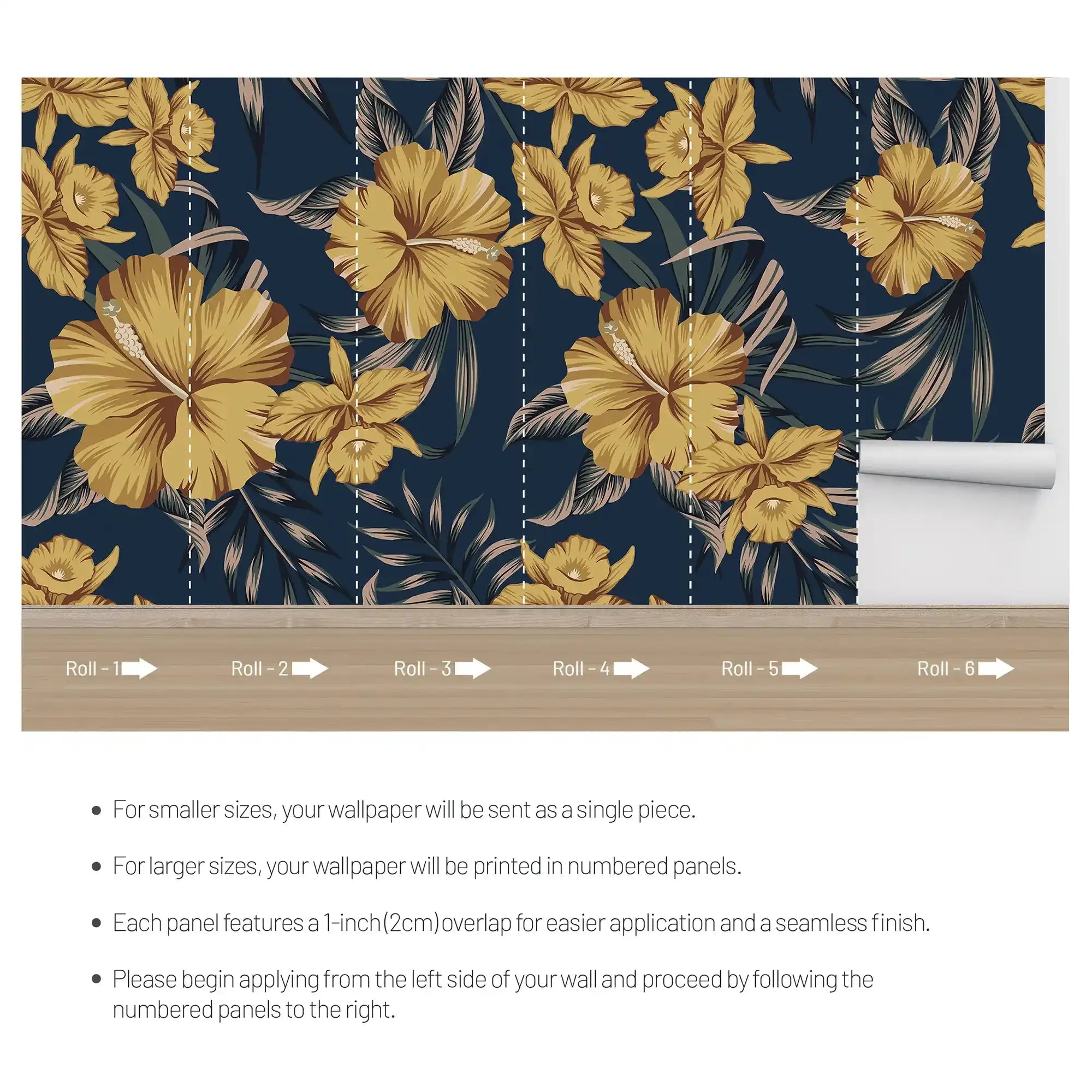 3102-A / Botanical Hibiscus Peel and Stick Wallpaper - Vibrant Yellow on Ocean Blue - DIY Wall Decor - Artevella