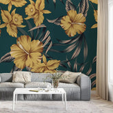 3102-B / Botanical Hibiscus Peel and Stick Wallpaper - Vibrant Yellow on Ocean Blue - DIY Wall Decor - Artevella