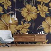 3102-C / Botanical Hibiscus Peel and Stick Wallpaper - Vibrant Yellow on Ocean Blue - DIY Wall Decor - Artevella
