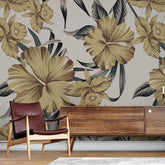 3102-D / Botanical Hibiscus Peel and Stick Wallpaper - Vibrant Yellow on Ocean Blue - DIY Wall Decor - Artevella