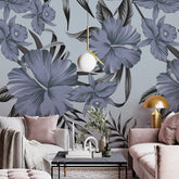 3102-E / Botanical Hibiscus Peel and Stick Wallpaper - Vibrant Yellow on Ocean Blue - DIY Wall Decor - Artevella