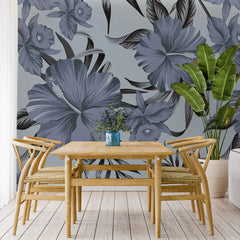 3102-E / Botanical Hibiscus Peel and Stick Wallpaper - Vibrant Yellow on Ocean Blue - DIY Wall Decor - Artevella