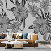 3102-F / Botanical Hibiscus Peel and Stick Wallpaper - Vibrant Yellow on Ocean Blue - DIY Wall Decor - Artevella