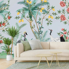 3107-A / Peelable Asian Wallpaper - Oriental Style with Cranes and Flowers - Easy Install Wall Mural - Artevella