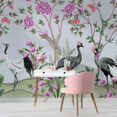 3107-B / Peelable Asian Wallpaper - Oriental Style with Cranes and Flowers - Easy Install Wall Mural - Artevella