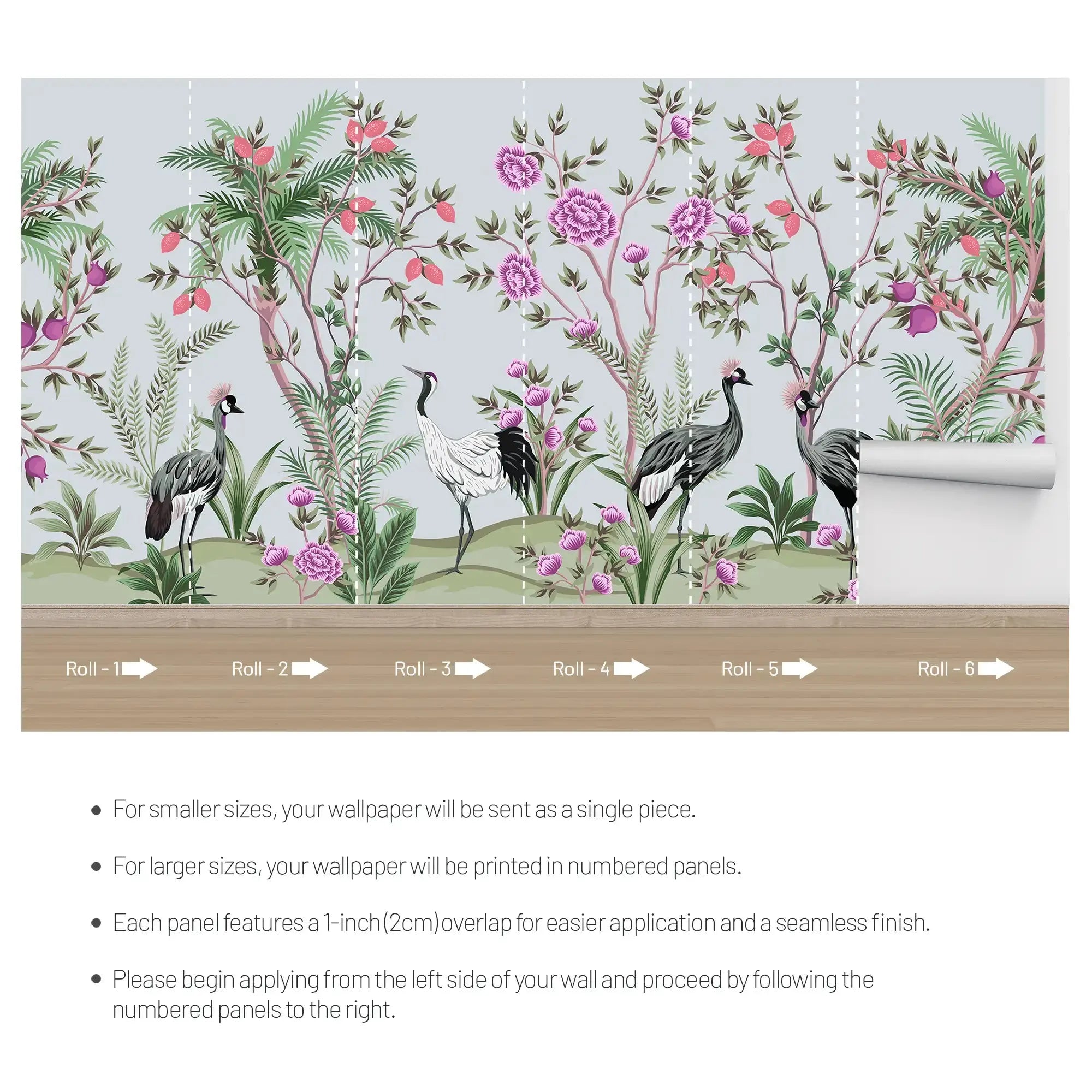 3107-B / Peelable Asian Wallpaper - Oriental Style with Cranes and Flowers - Easy Install Wall Mural - Artevella