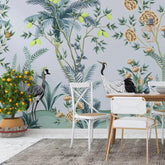 3107-C / Peelable Asian Wallpaper - Oriental Style with Cranes and Flowers - Easy Install Wall Mural - Artevella