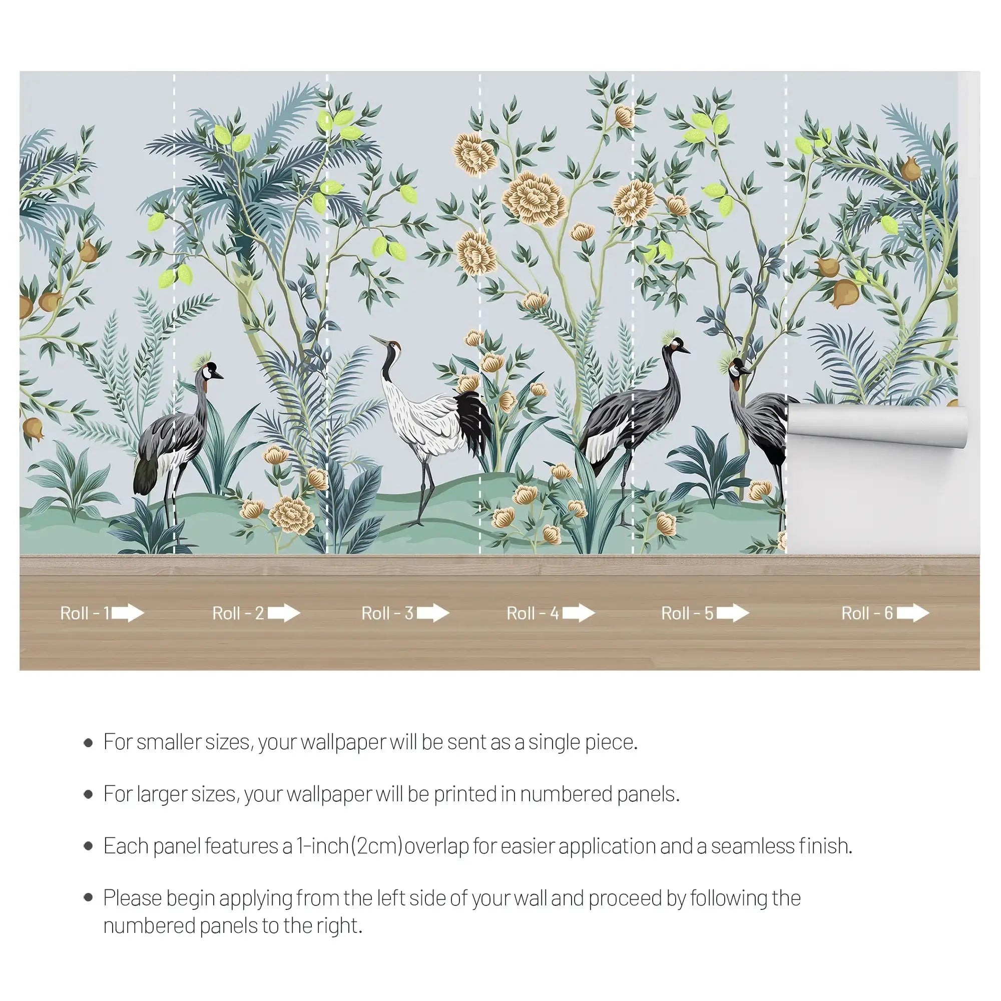 3107-C / Peelable Asian Wallpaper - Oriental Style with Cranes and Flowers - Easy Install Wall Mural - Artevella