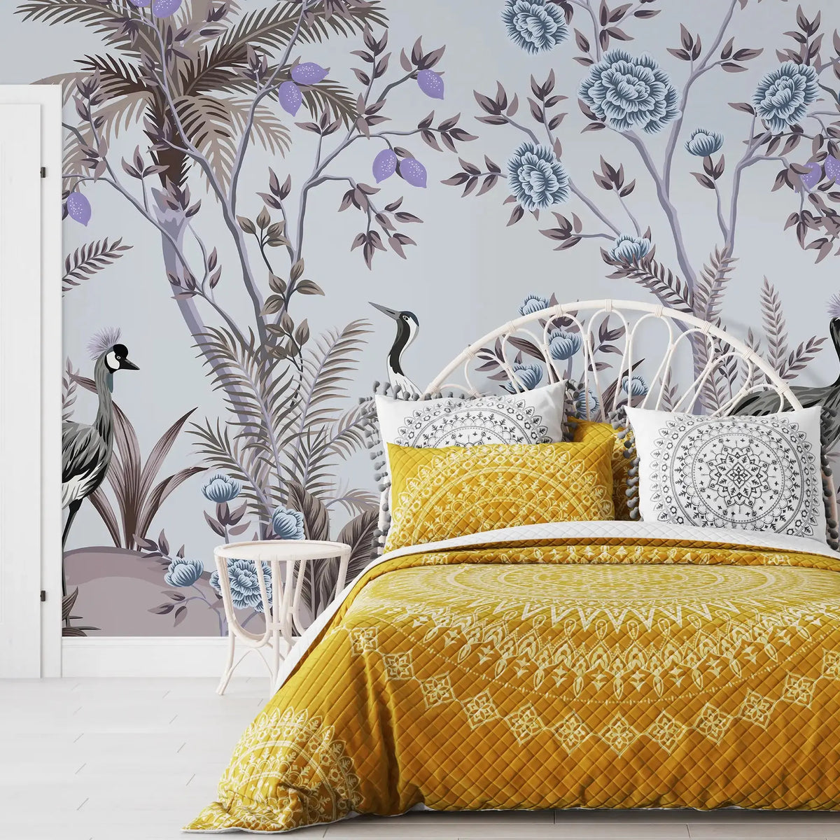 3107-D / Peelable Asian Wallpaper - Oriental Style with Cranes and Flowers - Easy Install Wall Mural - Artevella