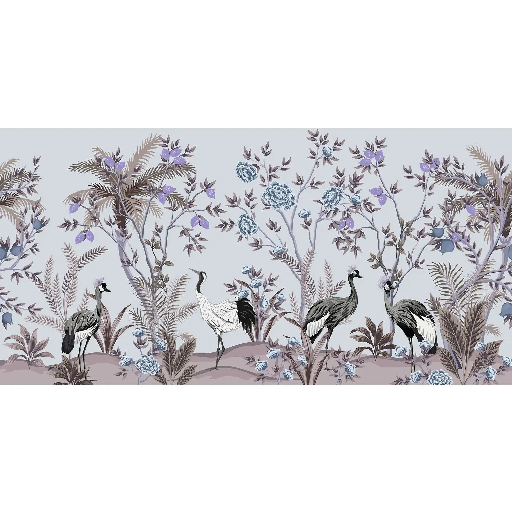 3107-D / Peelable Asian Wallpaper - Oriental Style with Cranes and Flowers - Easy Install Wall Mural - Artevella
