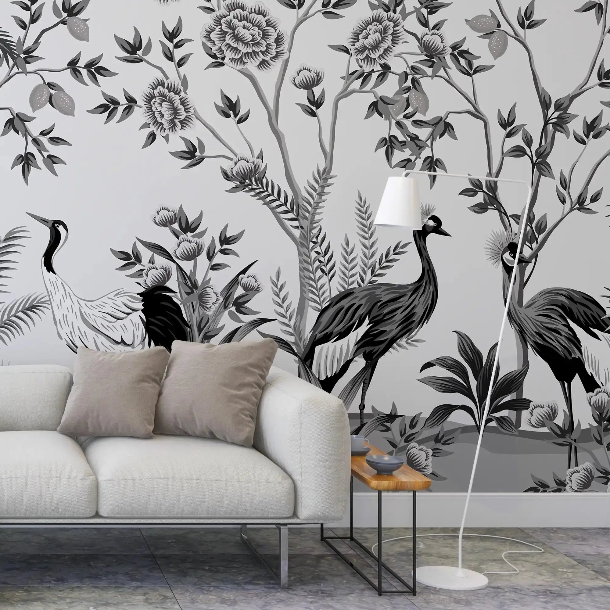 3107-E / Peelable Asian Wallpaper - Oriental Style with Cranes and Flowers - Easy Install Wall Mural - Artevella