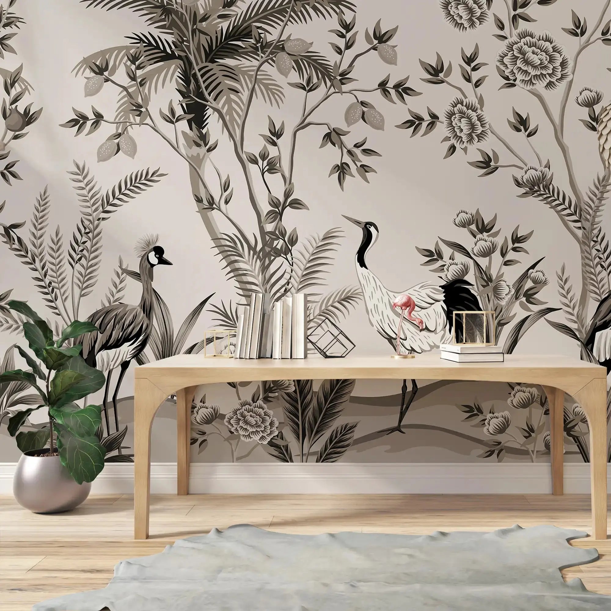 3107-F / Peelable Asian Wallpaper - Oriental Style with Cranes and Flowers - Easy Install Wall Mural - Artevella