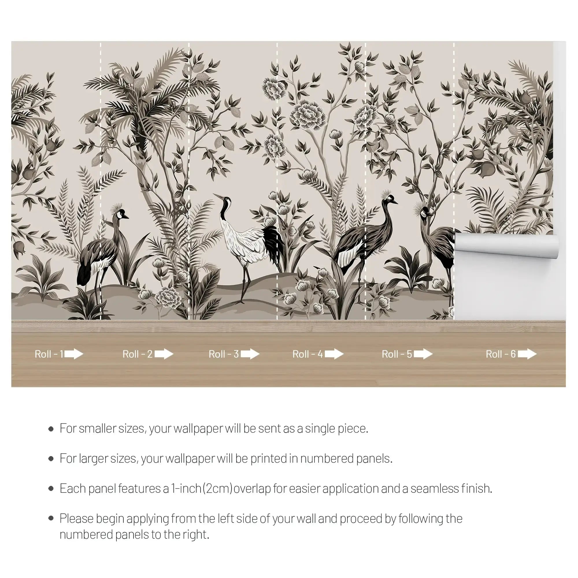 3107-F / Peelable Asian Wallpaper - Oriental Style with Cranes and Flowers - Easy Install Wall Mural - Artevella