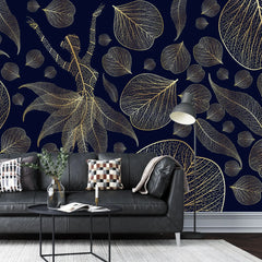 3108-A / Modern Floral Wallpaper: Gold Leaves and Flowing Patterns, Adhesive Peel and Stick for Stylish Wall Decor - Artevella
