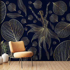3108-A / Modern Floral Wallpaper: Gold Leaves and Flowing Patterns, Adhesive Peel and Stick for Stylish Wall Decor - Artevella