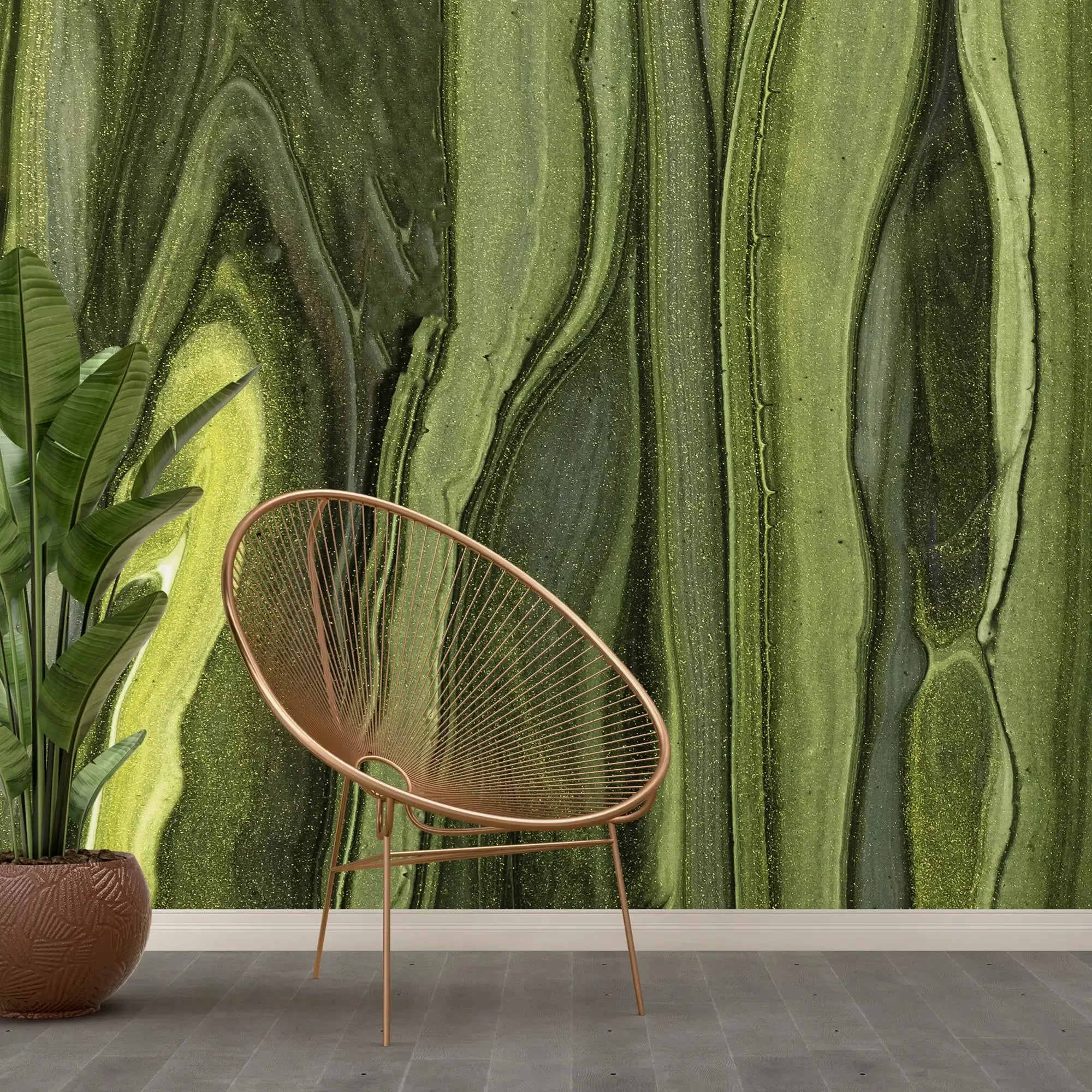 3123-A / Modern Green Striped Self-Adhesive Wallpaper, Trendy Peel and Stick Wallpaper, Natural Green Tree Bark Pattern Wall Mural - Artevella