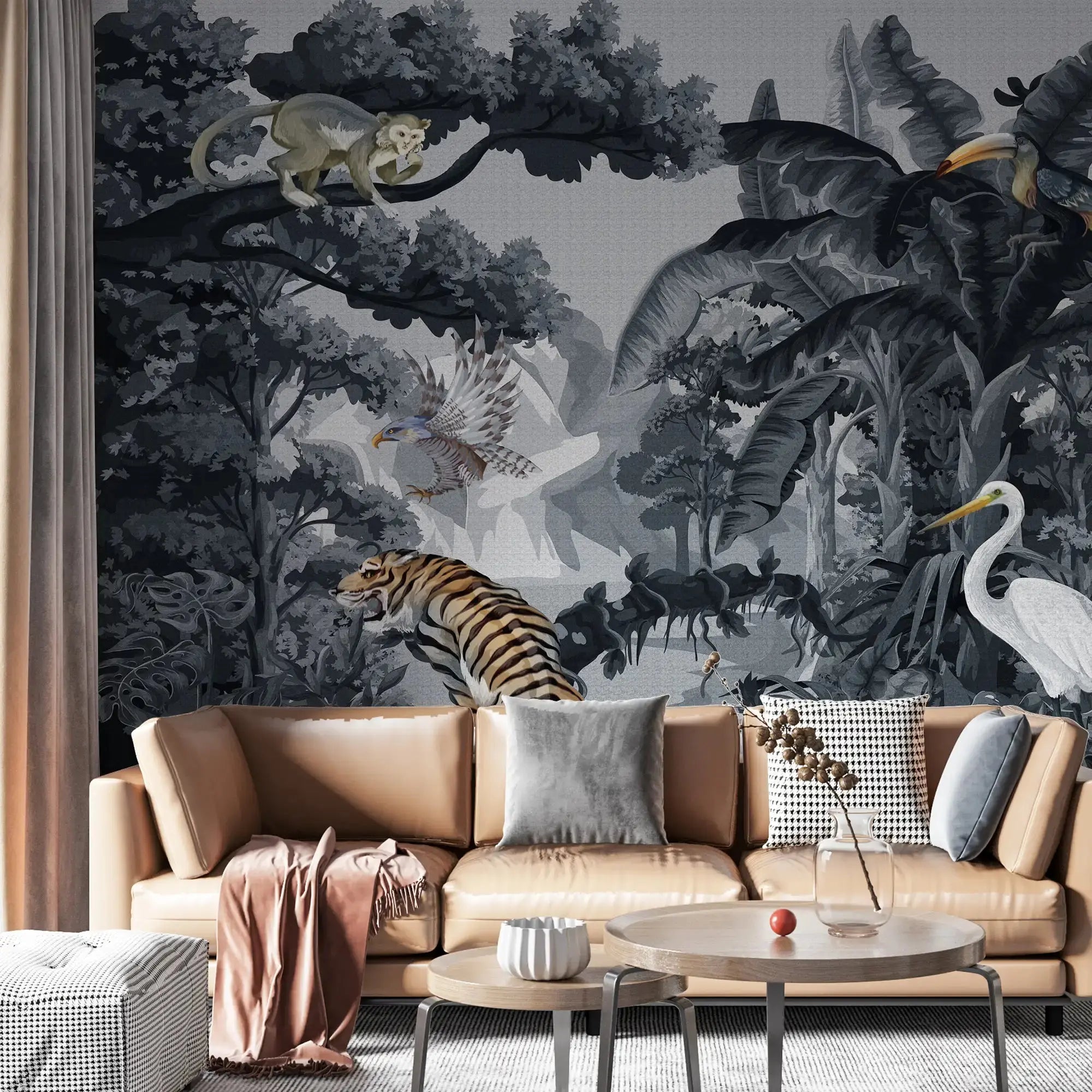 3129-A / Botanical Jungle Scene Wallpaper, Jungle Adventure: Peel and Stick Wallpaper, Exotic Jungle Animals Wall Decor - Temporary Wallpaper for Renters, Easy Peel Off - Artevella