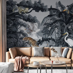 3129-A / Botanical Jungle Scene Wallpaper, Jungle Adventure: Peel and Stick Wallpaper, Exotic Jungle Animals Wall Decor - Temporary Wallpaper for Renters, Easy Peel Off - Artevella