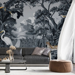 3129-A / Botanical Jungle Scene Wallpaper, Jungle Adventure: Peel and Stick Wallpaper, Exotic Jungle Animals Wall Decor - Temporary Wallpaper for Renters, Easy Peel Off - Artevella