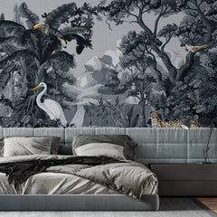 3129-A / Botanical Jungle Scene Wallpaper, Jungle Adventure: Peel and Stick Wallpaper, Exotic Jungle Animals Wall Decor - Temporary Wallpaper for Renters, Easy Peel Off - Artevella