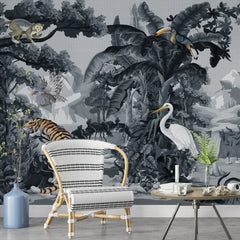 3129-A / Botanical Jungle Scene Wallpaper, Jungle Adventure: Peel and Stick Wallpaper, Exotic Jungle Animals Wall Decor - Temporary Wallpaper for Renters, Easy Peel Off - Artevella