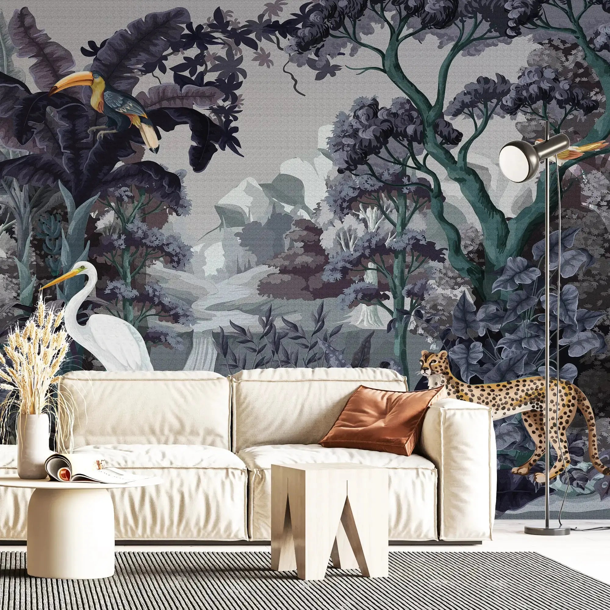 3129-C / Botanical Jungle Scene Wallpaper, Jungle Adventure: Peel and Stick Wallpaper, Exotic Jungle Animals Wall Decor - Temporary Wallpaper for Renters, Easy Peel Off - Artevella